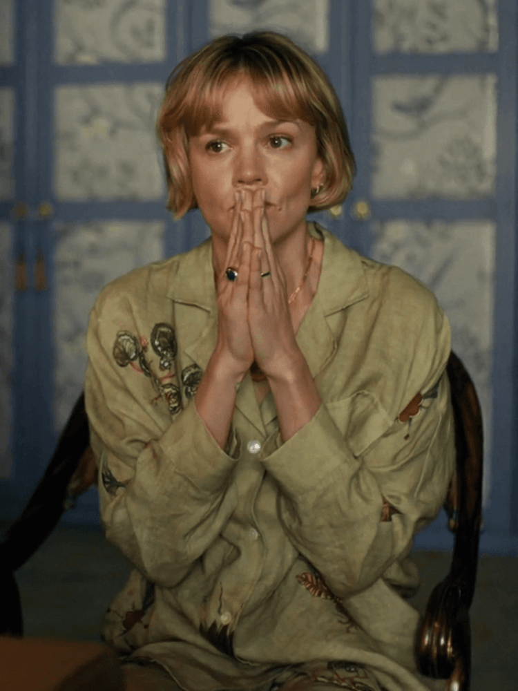 Carey Mulligan in Cord's Lounge Set made from 100% handwoven linen fabric in hand-painted botanical print