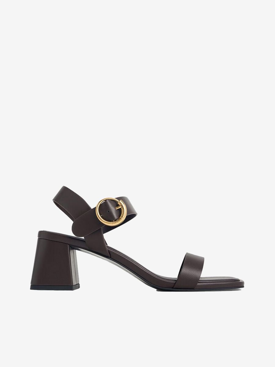 Charles & Keith brown Buckled Square-Toe Trapeze-Heel Sandals