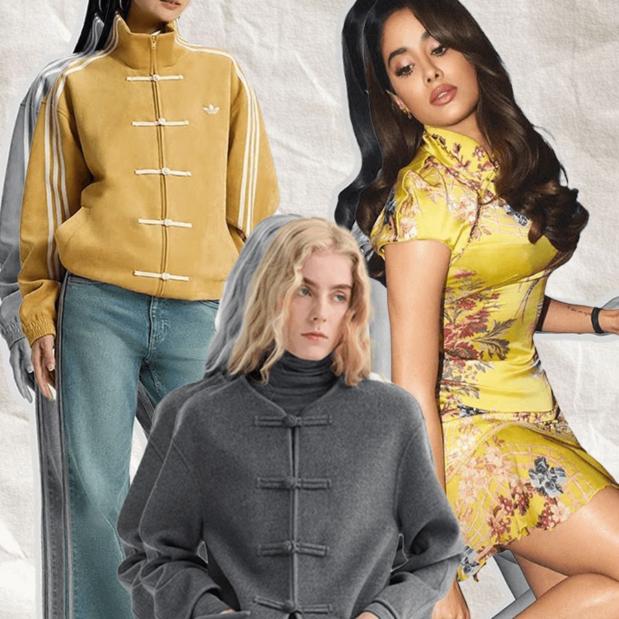 A collage of Chinese aesthetics going mainstream: pankou closures on jackets inspired by the Tang suit, Jahnvi Kapoor in a qipao-inspired Roberto Cavalli dress