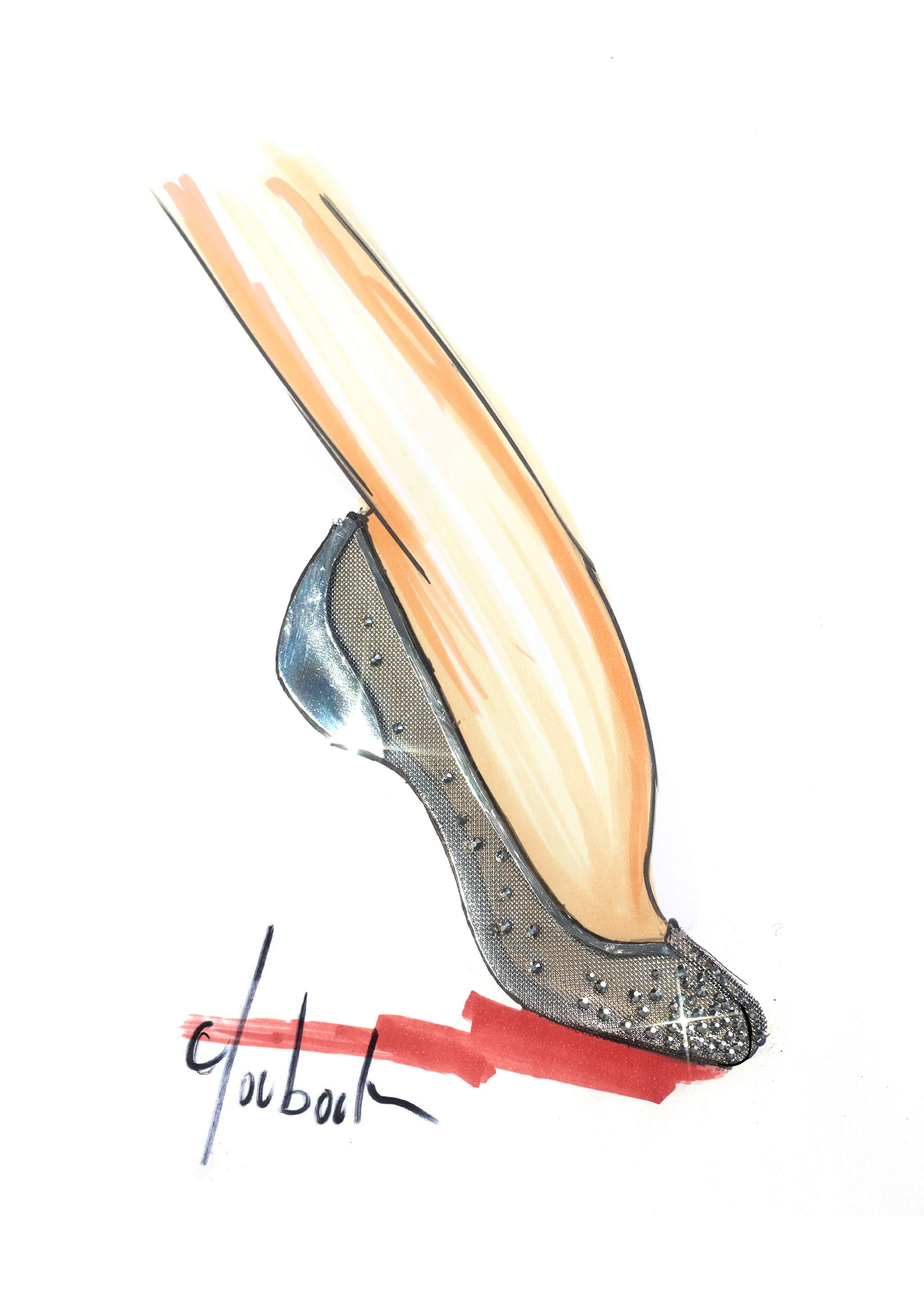 A sketch of the Marlougiela strass ballet flat by Christian Louboutin featuring Margiela's Tabi split toe design