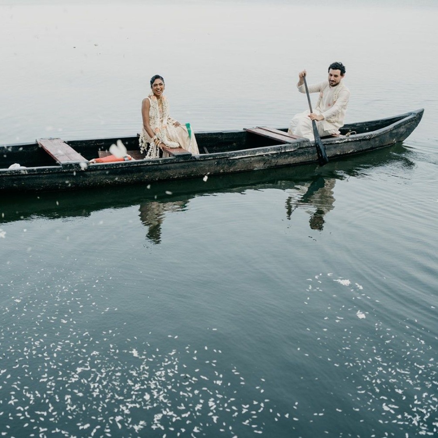 Natasha Sumant and Lucien Dumas at their wedding in Kerala