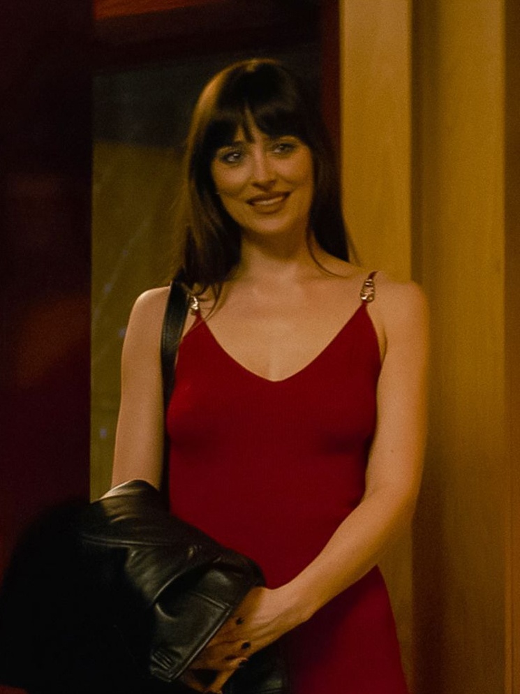 Lowen in a red Versace dress