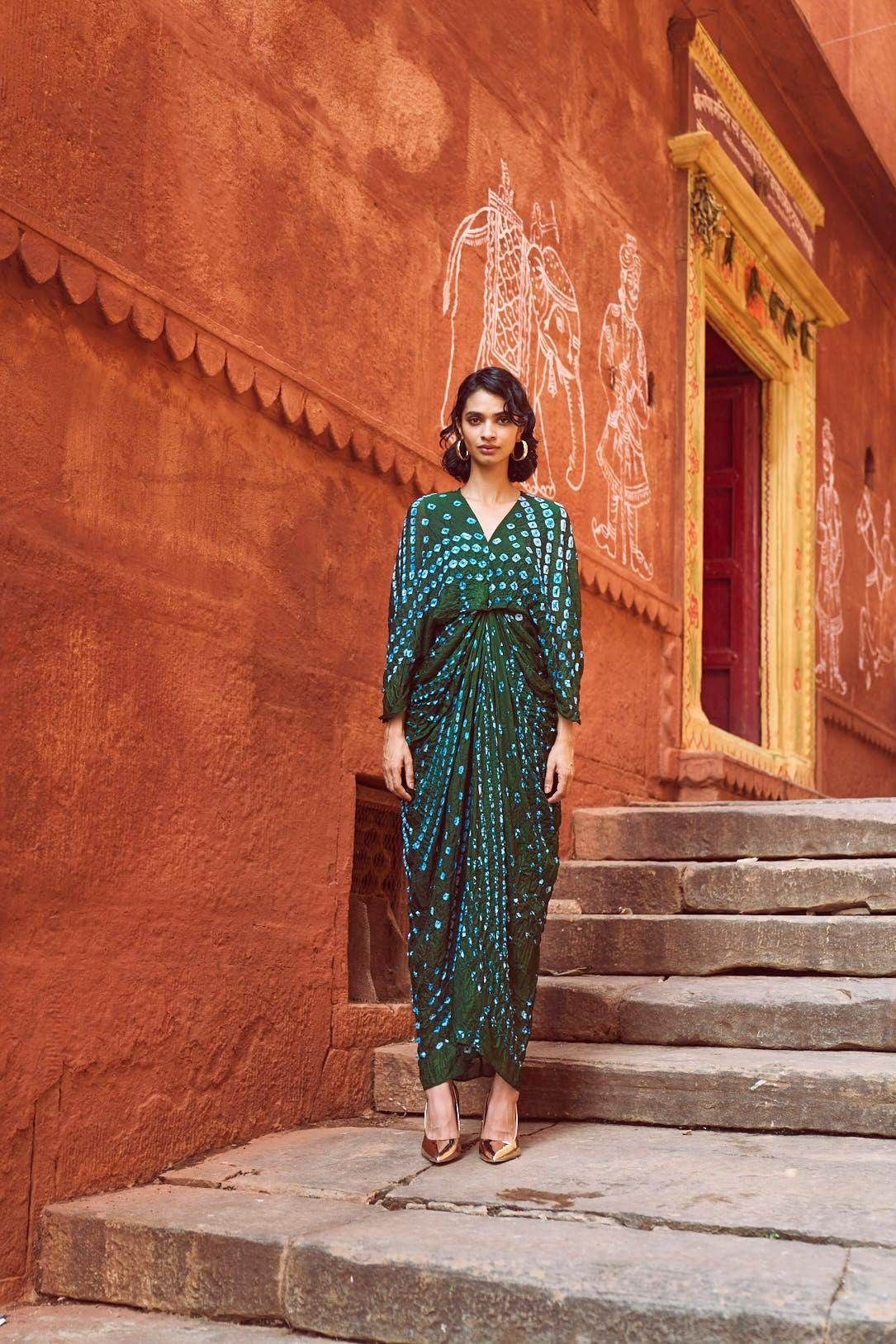 Bandhani draped kaftan, Dash and Dot