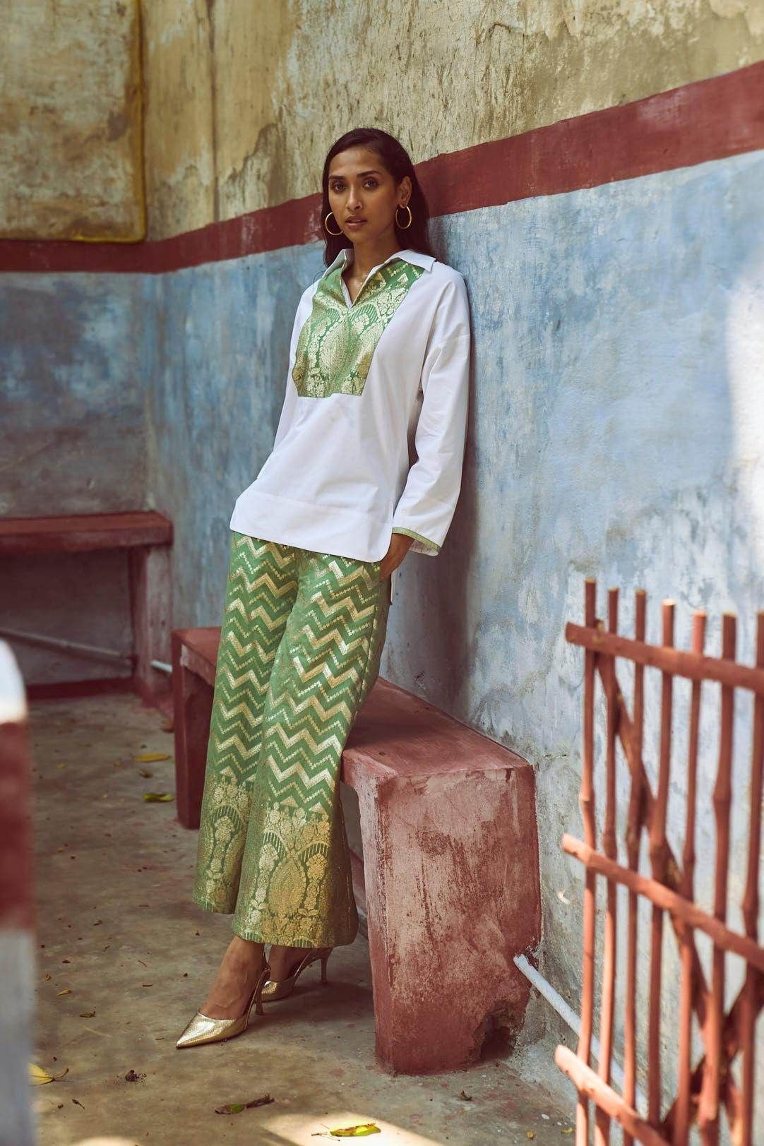 Dash and Dot green chanderi brocade pants