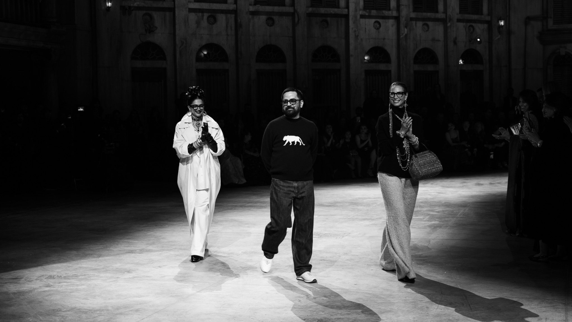 Deepika Padukone, Sabyasachi Mukherjee, and Christy Turlington take a bow at the end of the show
