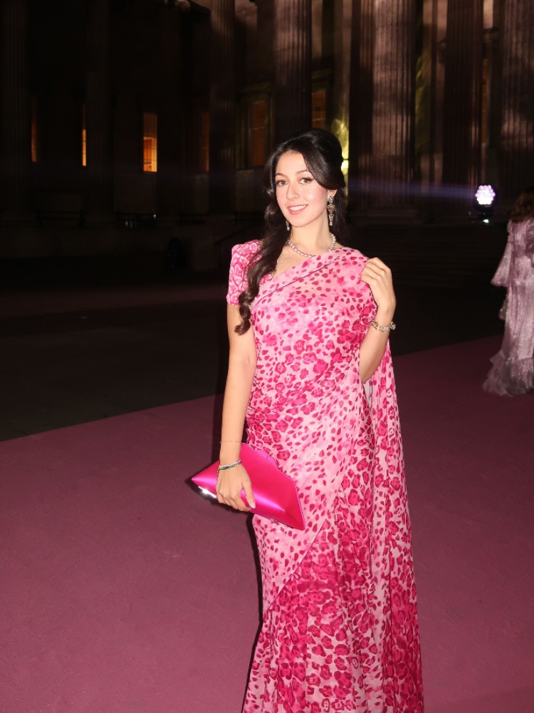 Devisha Kumari Singh in a custom hot pink leopard-print sari by Saloni