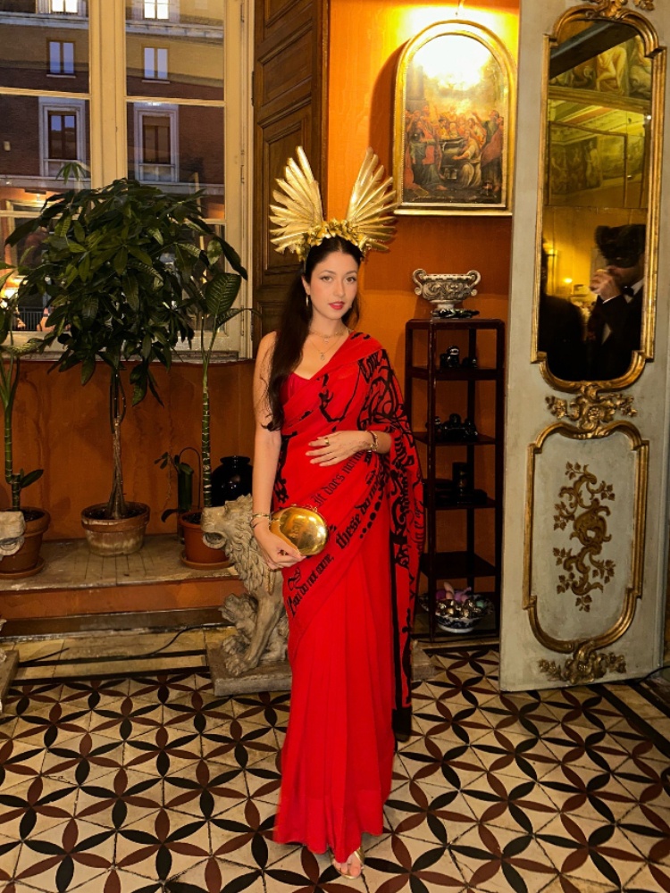 Devisha Kumari Singh in a vintage Satya Paul sari featuring verses of English poetry