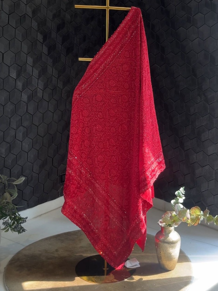 Dhaaga & Co. Red Georgette Chikankari Dupatta