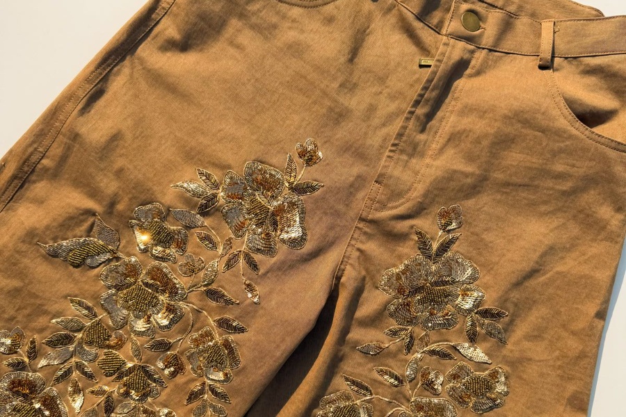 Diya Diya Studio brown denim zardozi shorts by Diya Joukani