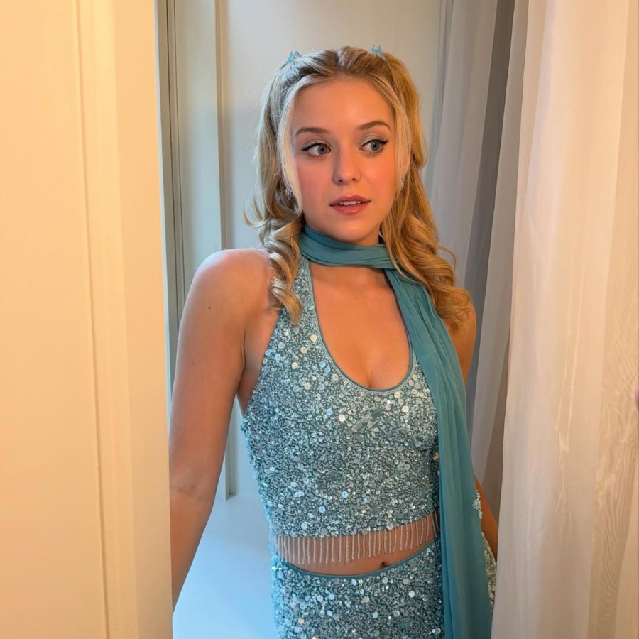 Lexi Minetree, who plays Elle in the upcoming Legally Blonde prequel series 'Elle' in a beaded blue outfit by Indian brand Mirchi by Kim