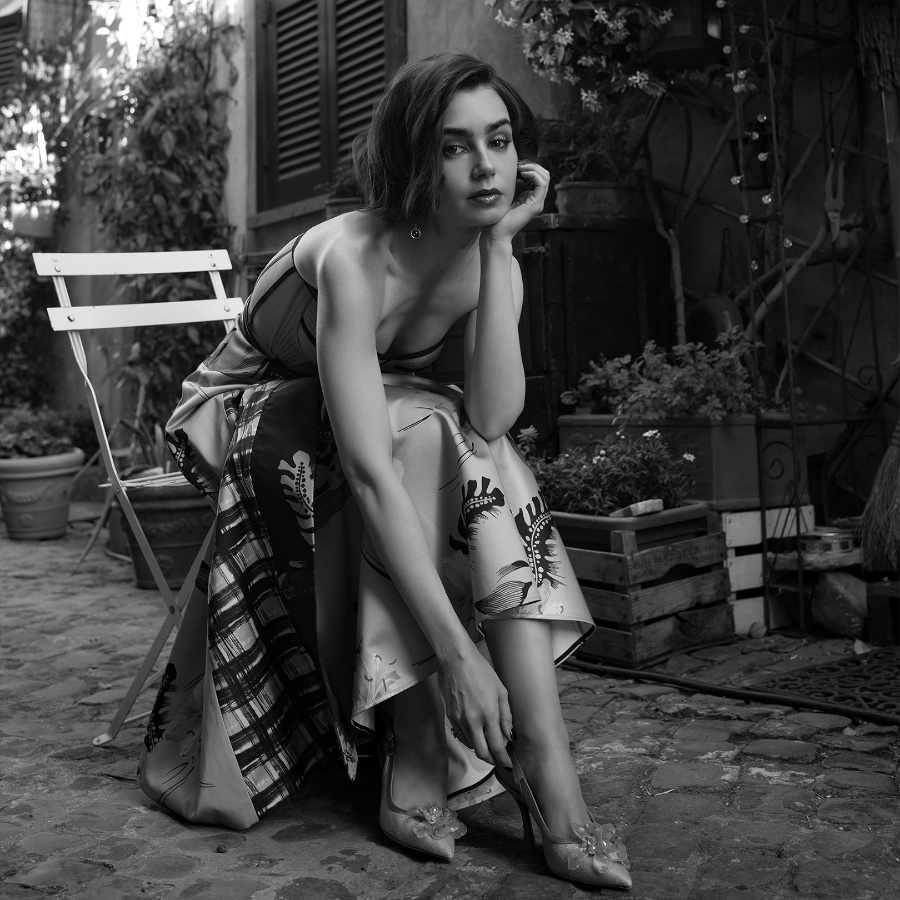 Lily Collins, who plays Emily in Emily in Paris, photographed by haistylist Mike Désir