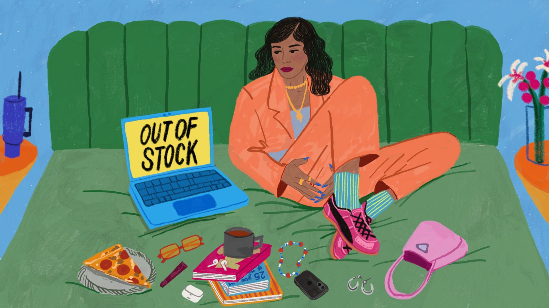 An illustration by Anjali Mehta of a regretful woman looking at her laptop