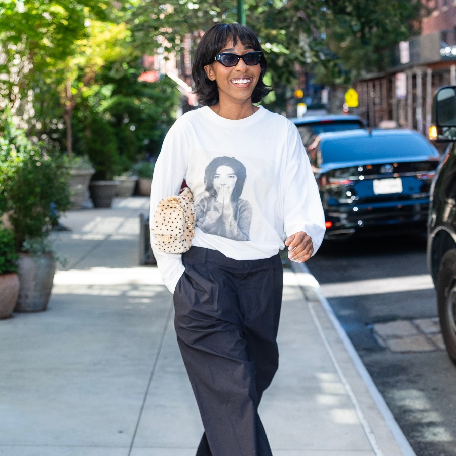 Ayo Edebiri in New York City wearing a vintage 1993 Björk ‘Debut’ long-sleeve t-shirt