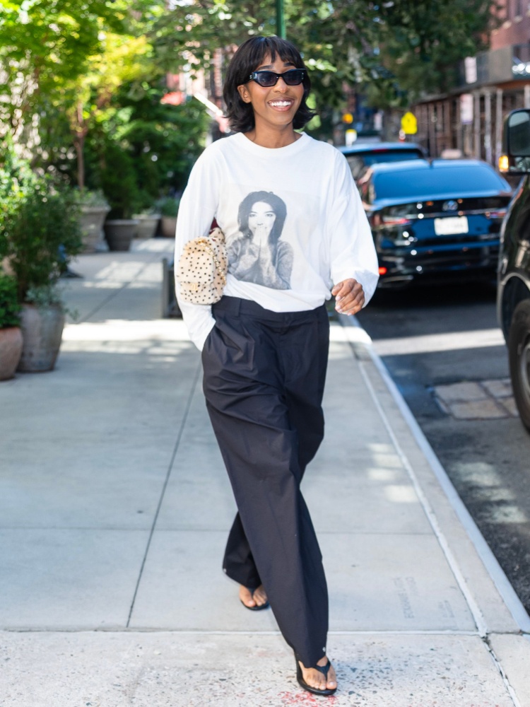 Ayo Edebiri in New York City wearing a vintage 1993 Björk ‘Debut’ long-sleeve t-shirt