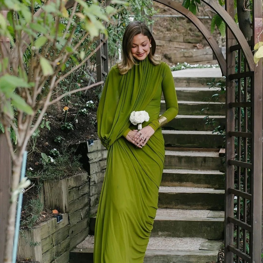 Gigi Hadid attends a wedding in the Suzie gown by homegrown Indian brand Deme by Gabriella