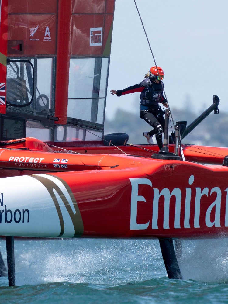 Hannah Mills on a catamaran at SailGP