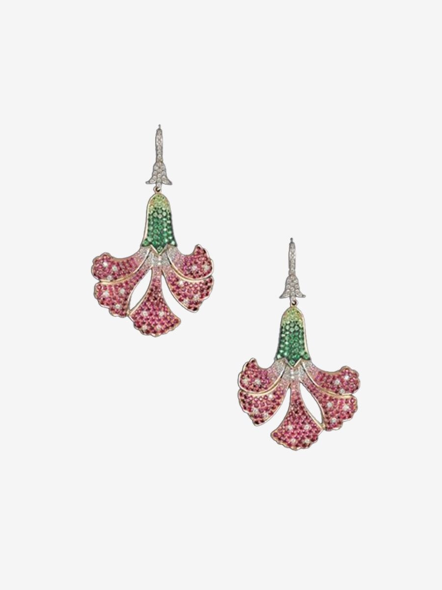 Hanut Singh Orchidelirious flower earrings with emerald, ruby and diamond