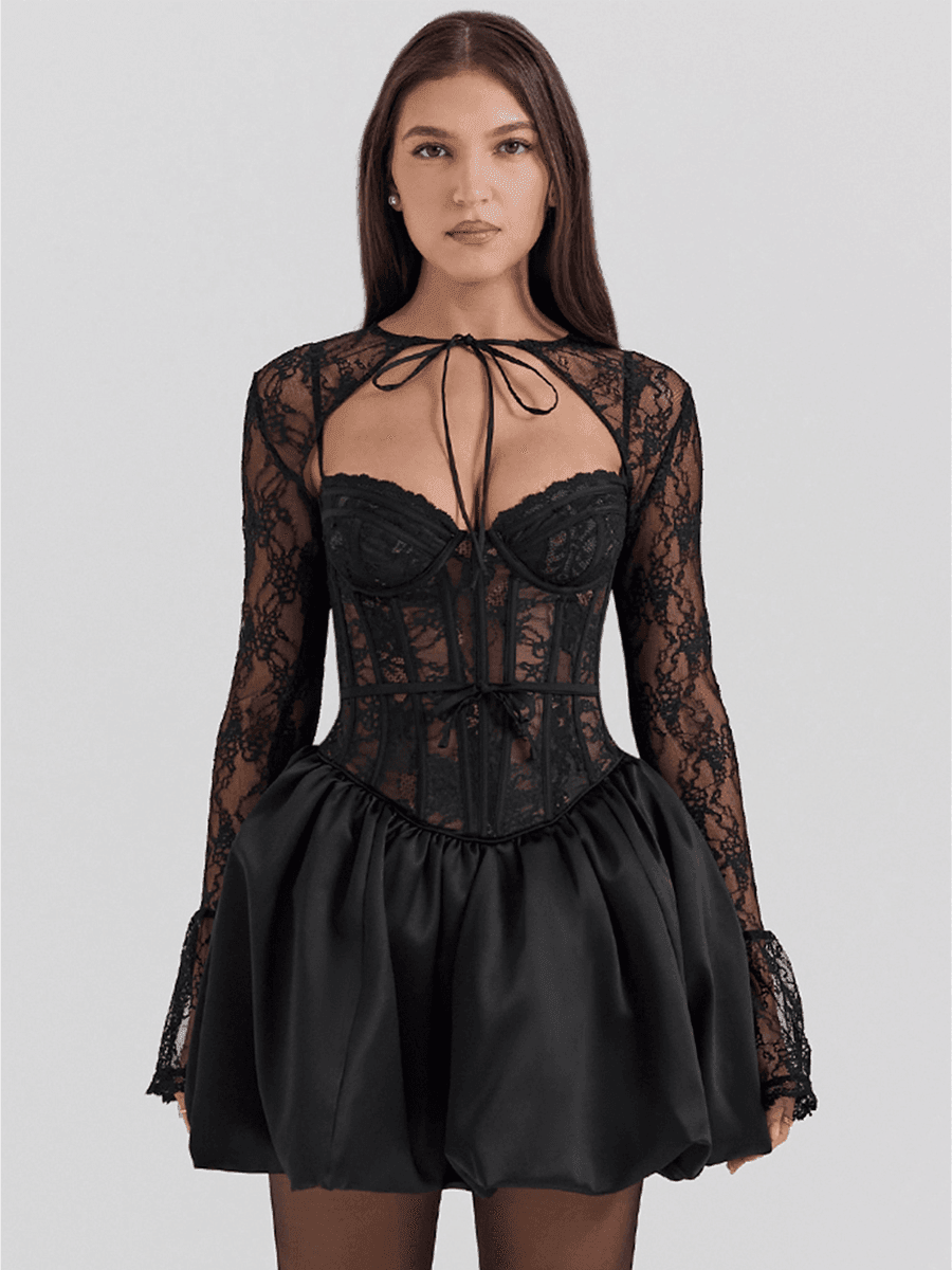House of CB Black Lace Puffball Mini Dress with removable lace shrug