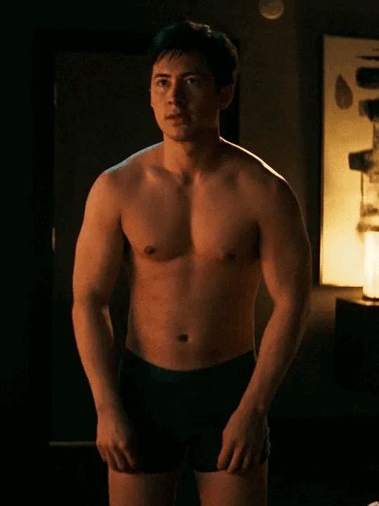 Hudson Williams as Shane Hollander in Heated Rivalry wearing black briefs