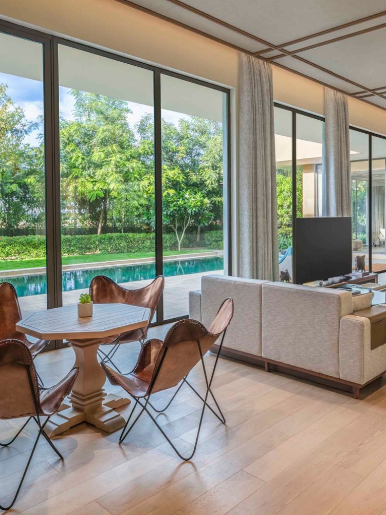 The expansive living room at the residential suite