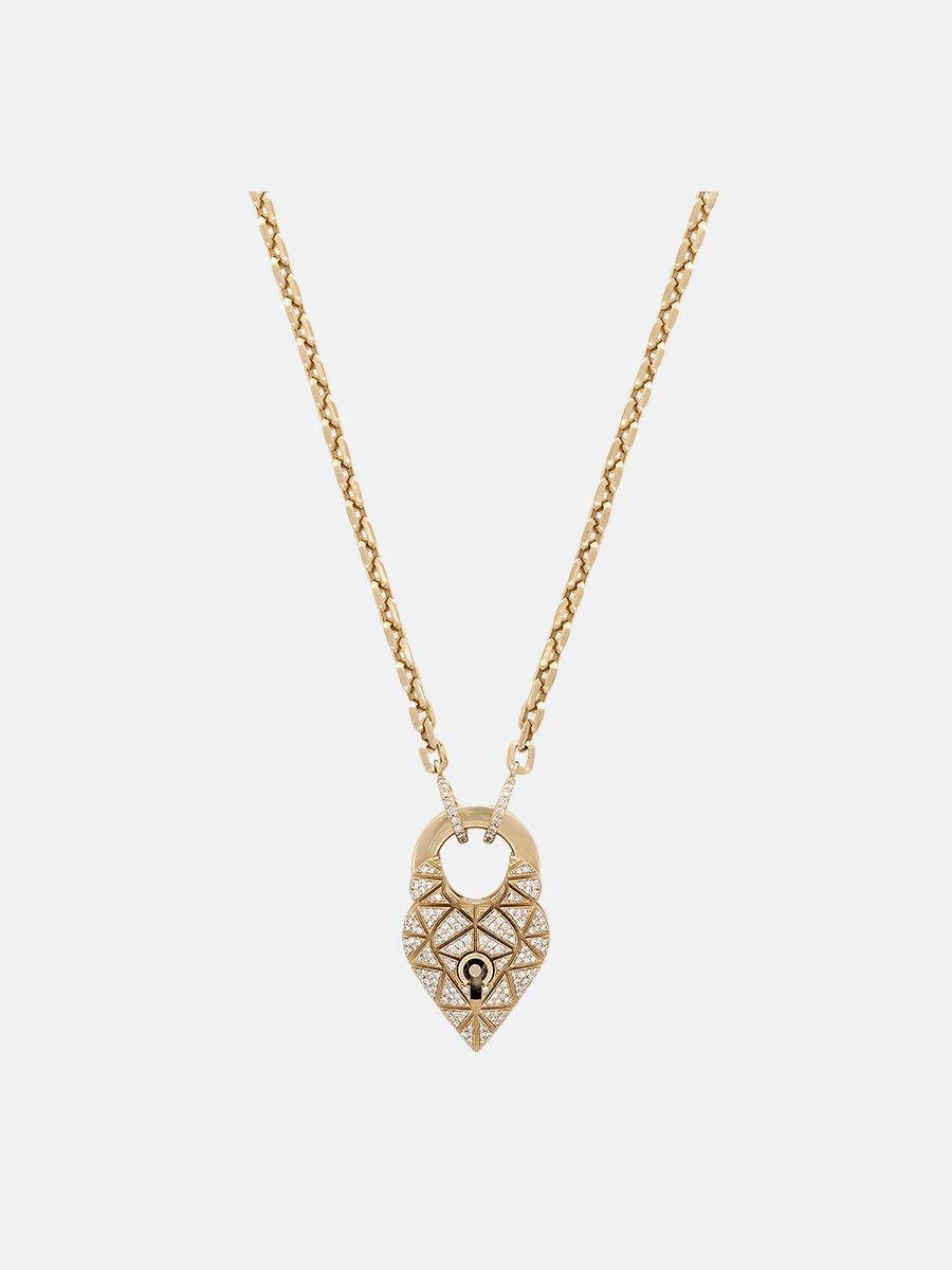 The Nod Locks and Links: Jacquie Aiche Pave geometric heart lock + Pave Moe chain necklace