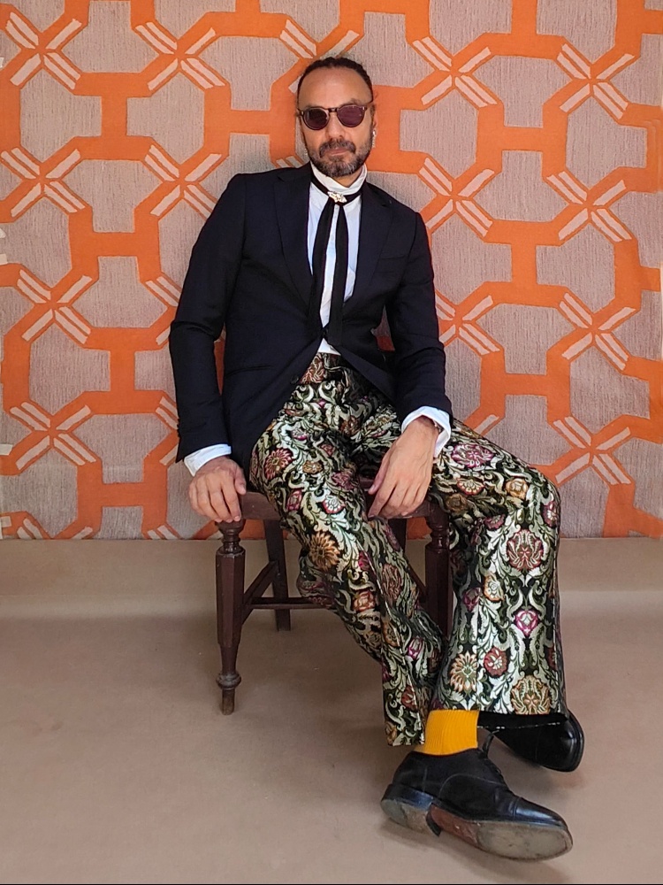 Jagvir Matharoo, creative director of The Flame Store in Goa in brocade pants