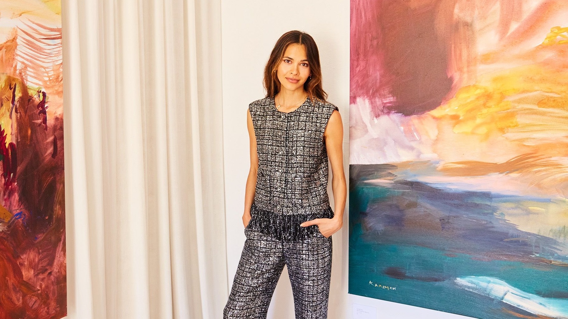 Artist Karimah Hassan wearing a Chanel co-ord set for the opening of her solo show in Ibiza