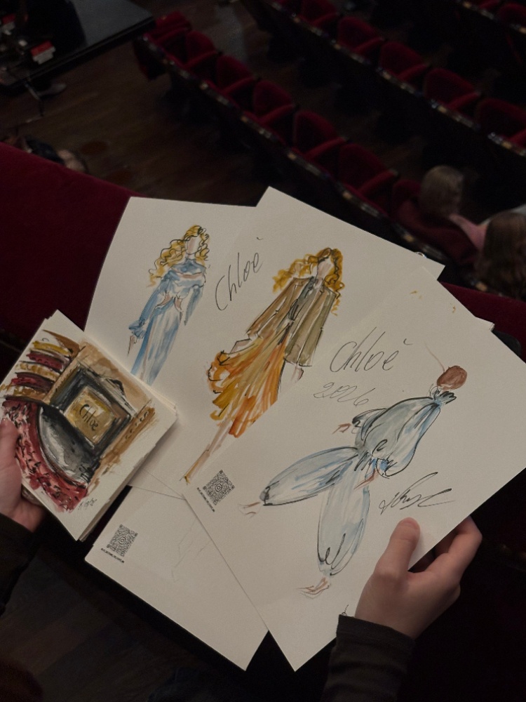 Runway illustrations by an artist attending Lyas’s La Watch Party in Paris