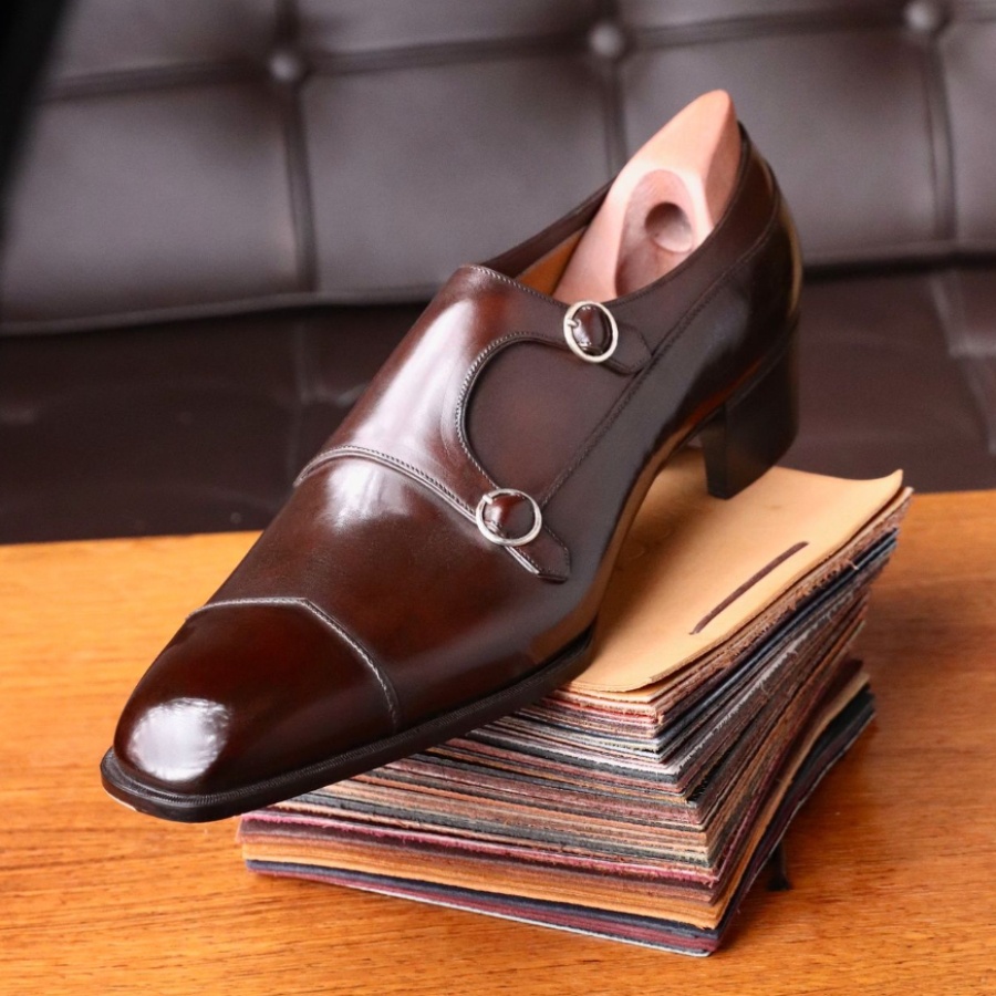 A dark brown cap-toe double monk by Louis Lampertsdorfer, the winner of the global shoemaking championship