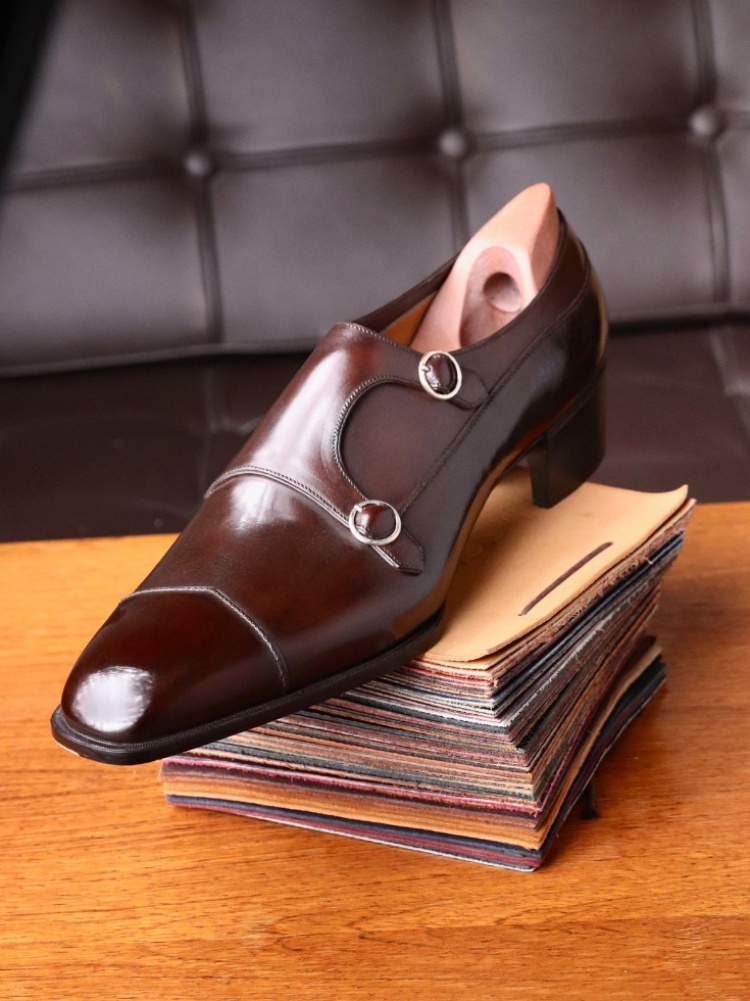 A dark brown cap-toe double monk by Louis Lampertsdorfer, the winner of the global shoemaking championship