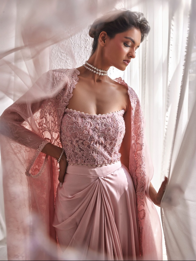 ROSEROOM By Isha Jajodia draped skirt, lace top, and lace throw jacket