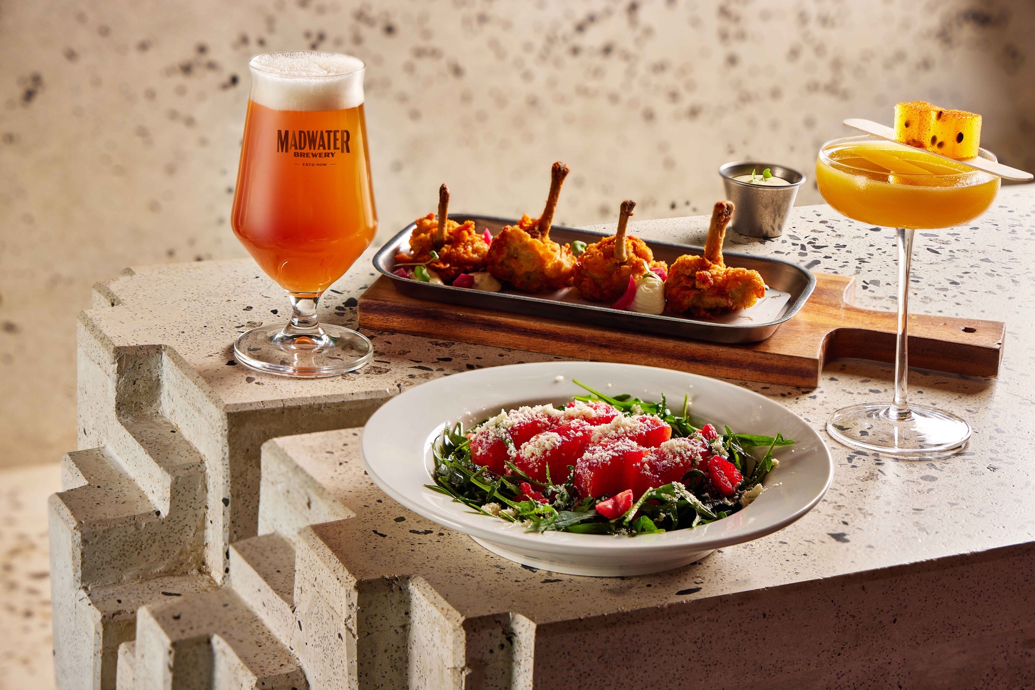 Madwater Brewery Watermelon Feta salad, Spicy Buttermilk Wings, Bitter End APA and MW Picante cocktail