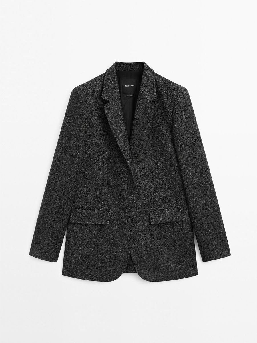 Massimo Dutti herringbone wool blend blazer in dark grey