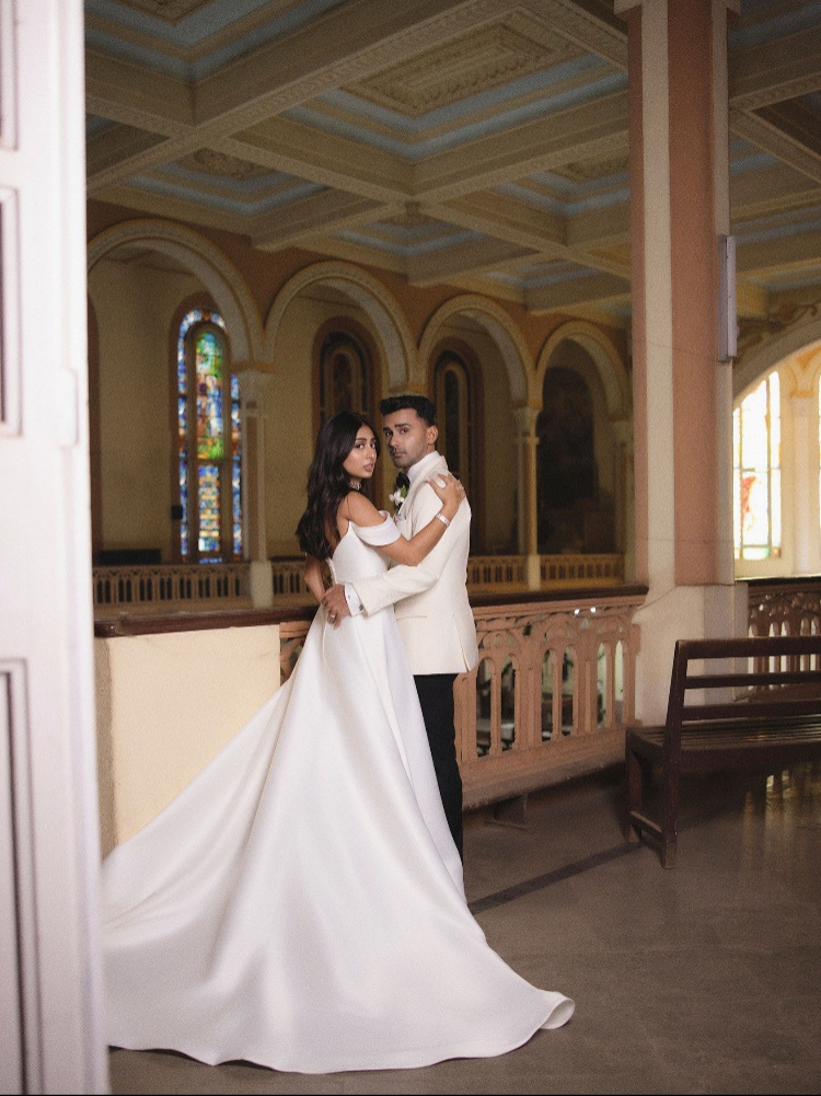 Celebrity stylist Meagan Concessio and photographer Sheldon Santos on their wedding dat at St. Peter's Church in Bandra
