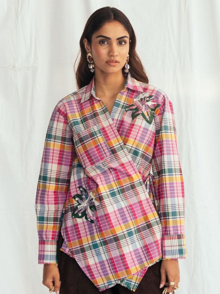 Muilticolour checks floral appliqué wrap skirt, The Jodi Life