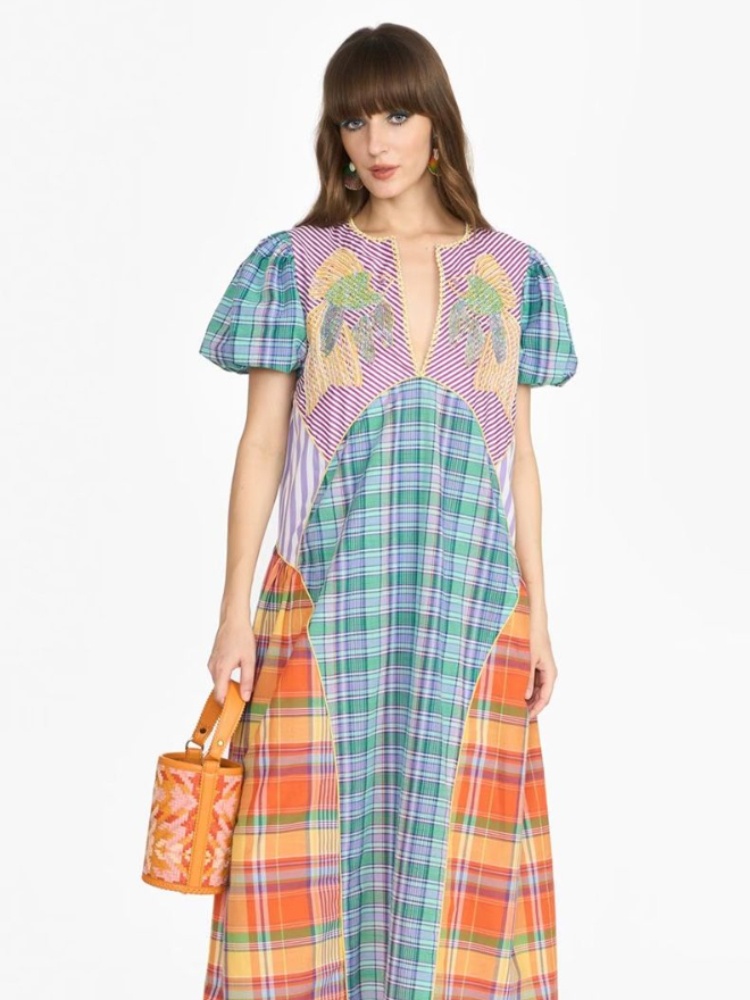 Multicolour checks striped embroidered Yoke dress, Rara Avis