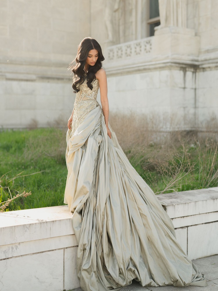 Lekha wearing a metallic silver gown by Shantanu & Nikhil
