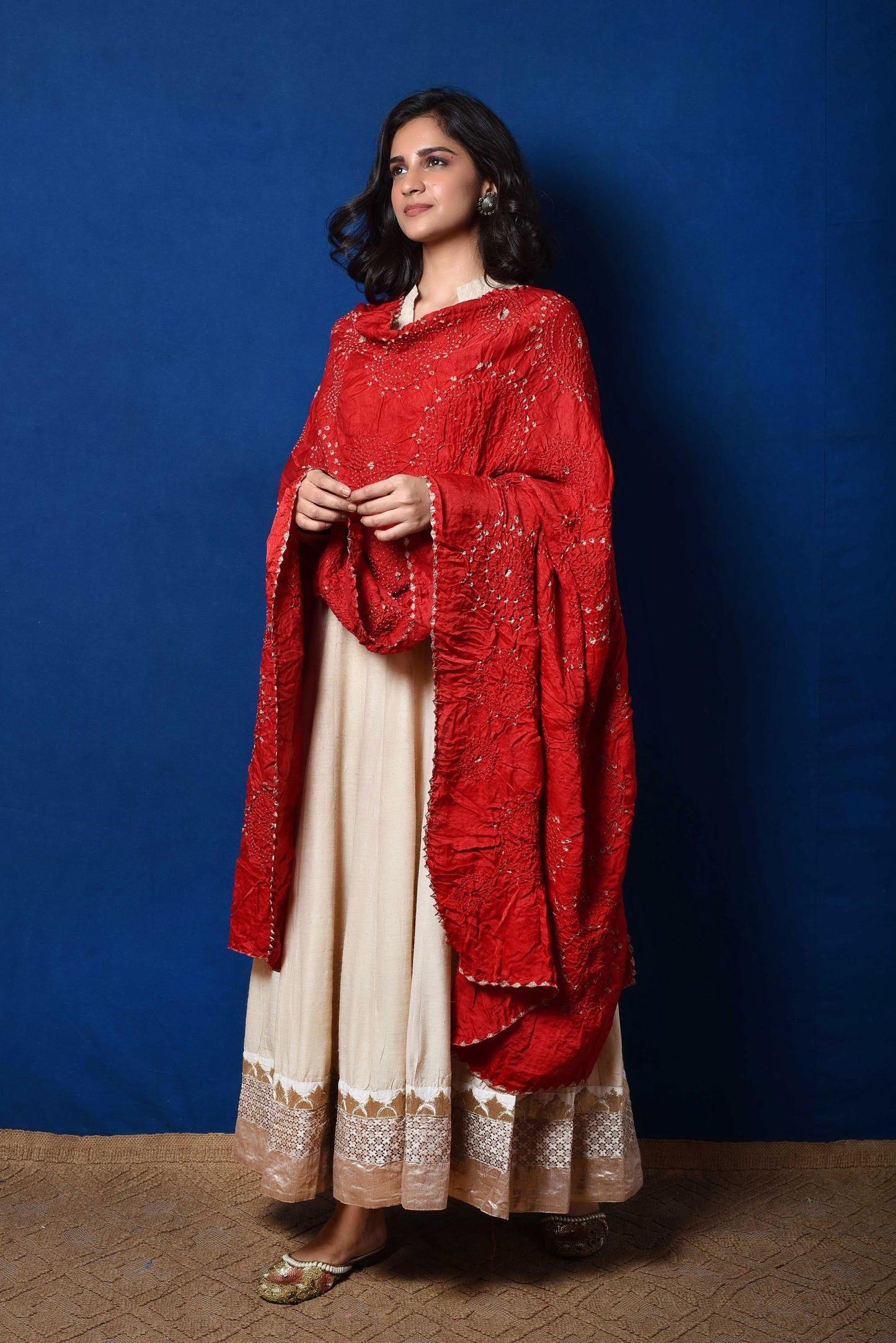 Red grey bandhini on gaji silk dupatta, Naina Jain
