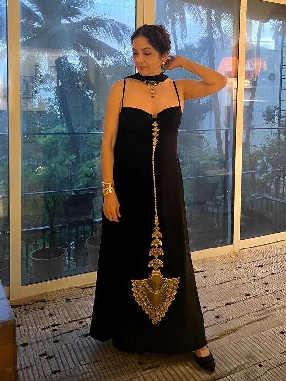 Neena Gupta in a House of Masaba dress featuring a magnified version of Masaba’s Pankh Bagh motif