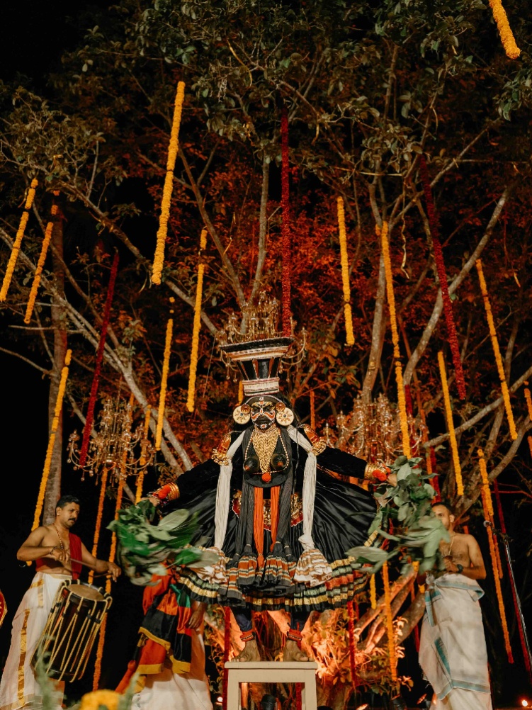 A performance by the local Kathakali school in Fort Kochi at Nidhi Sunil's wedding