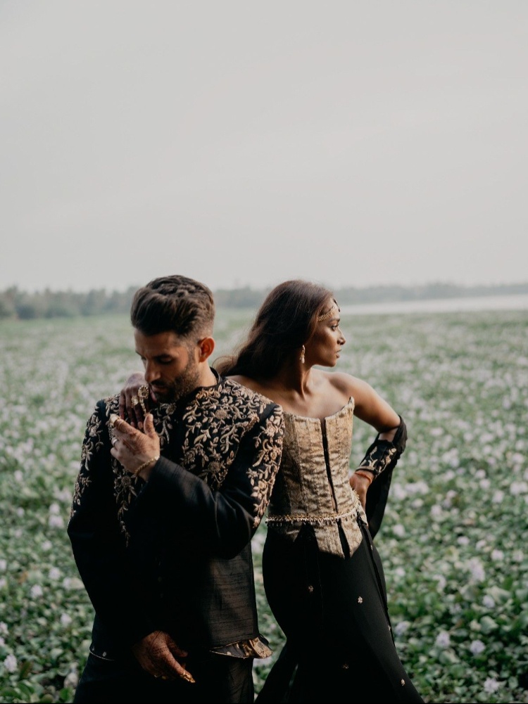 Nidhi Sunil and Noah wearing zardozi-embroidered Bodements pieces and jewellery by Bhavya Ramesh