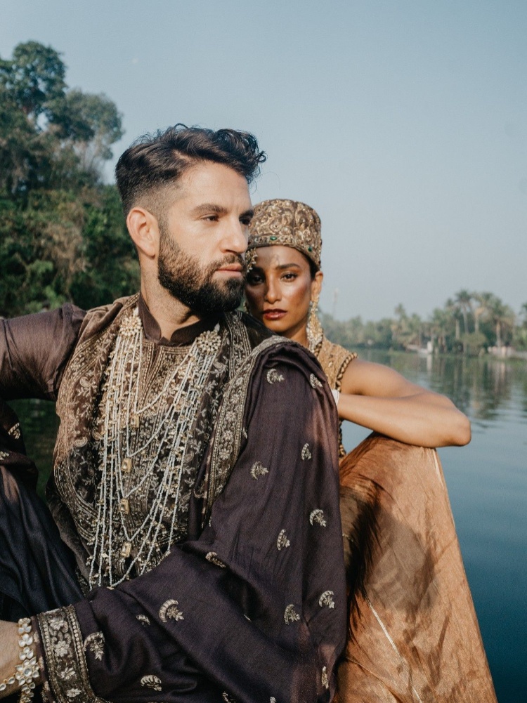 Nidhi Sunil and Noah Katz-Appel in their Kala Sandhya outfits by Divani Couture