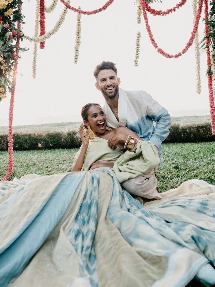 Model Nidhi Sunil and musician Noah Katz-Appel at their mehendi ceremony in ReCeremonial by Ateev Anand