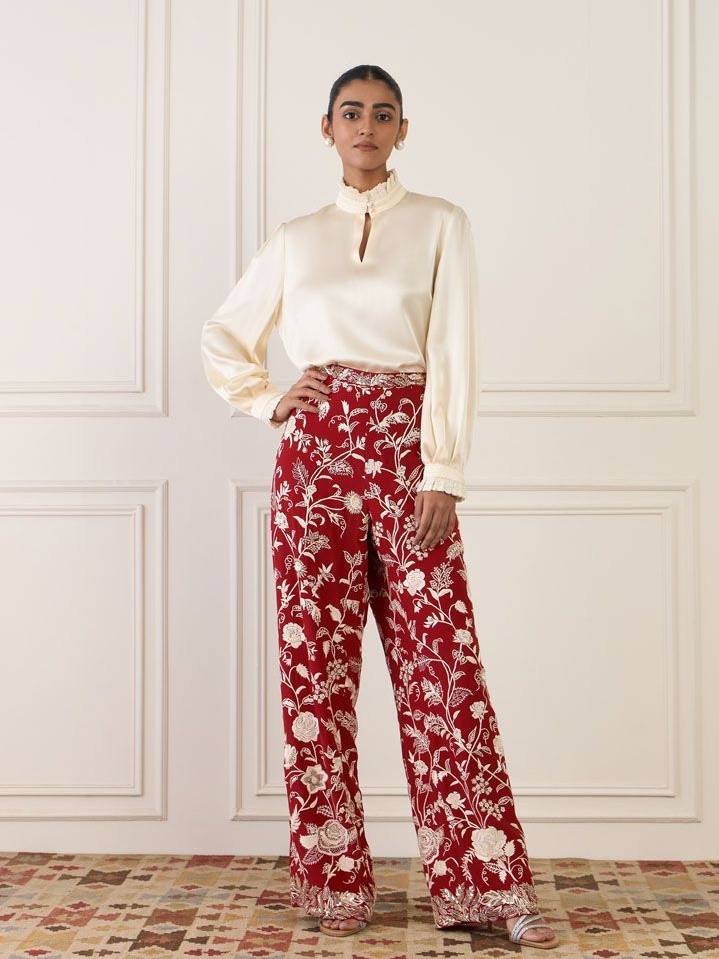 Jahan red classic gara pants, Patine
