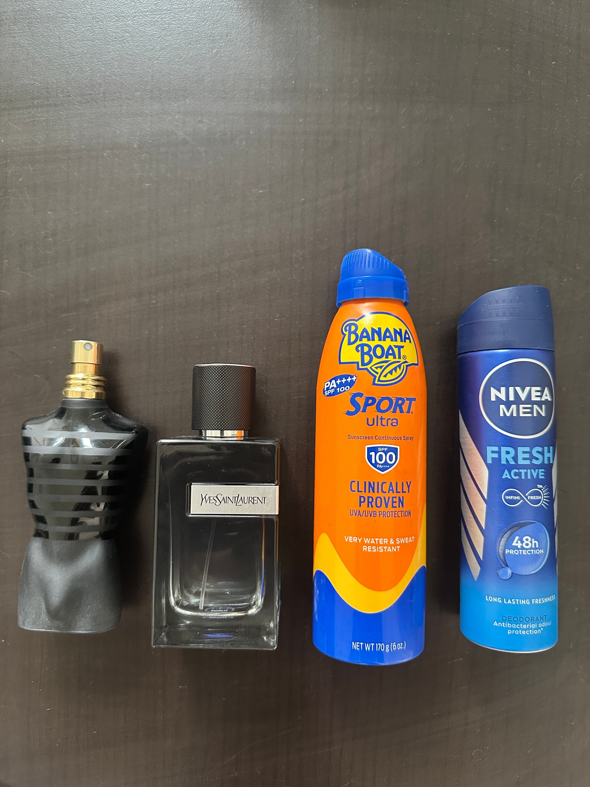 Runway model Pratik Shetty’s go-to fragrances: Le Male by Jean Paul Gaultier, Y by YSL, Fresh Active deodorant by Nivea Men, and Banana Boat Sport Ultra sunscreen spray
