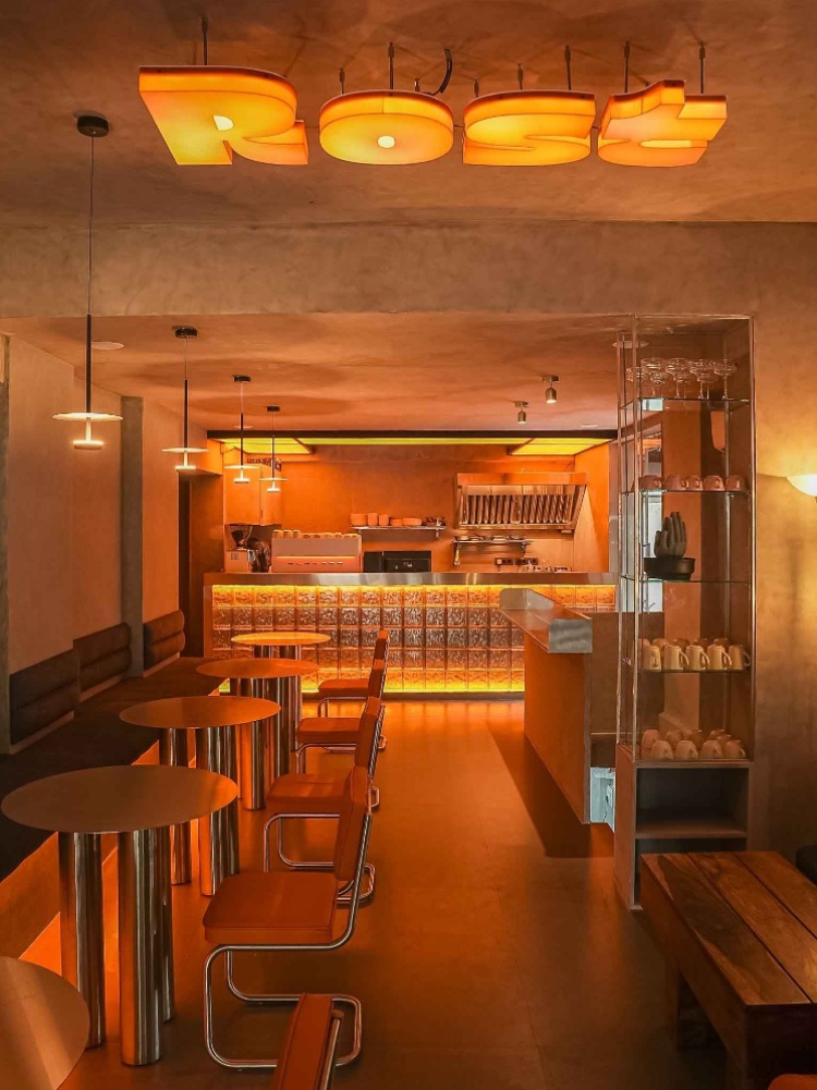 Warmly lit interiors at the coffee bar