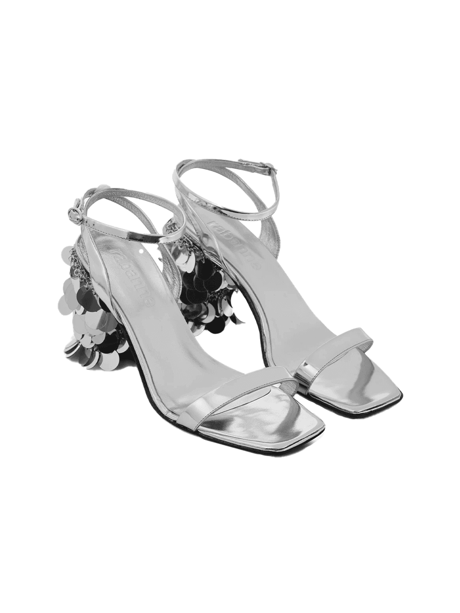 Rabanne silver sandals with sparkle disc heels