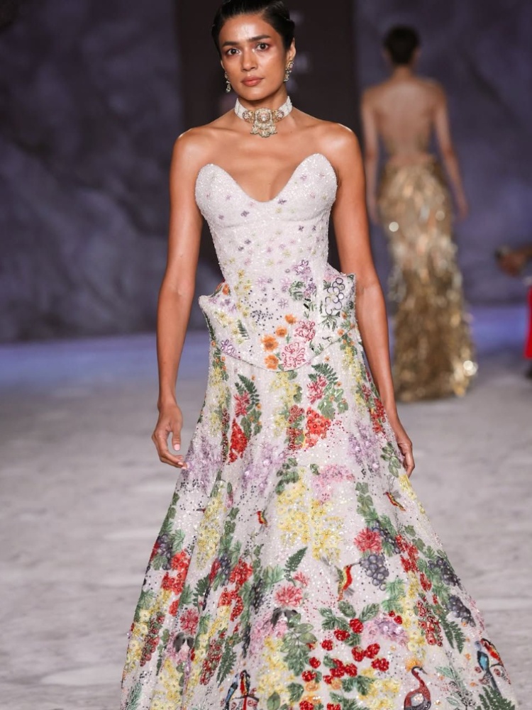 A beaded corset gown from Rahul Mishra's India Couture Week 2025 show
