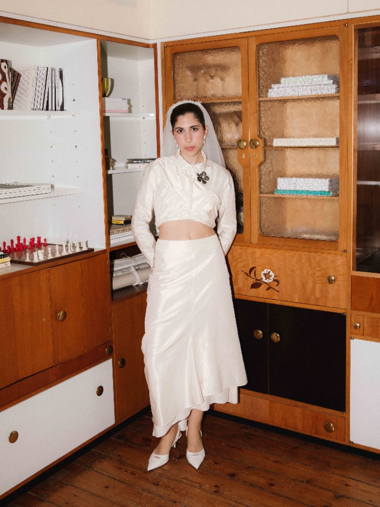 Aya Saleh in custom Renaissance Renaissance bridal top and skirt set for her wedding