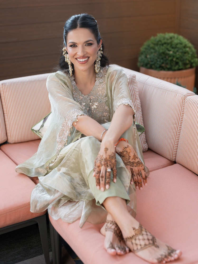 For her mehendi, Shobhita wore a kaftan by Prisho and custom earrings from Qbik x Fooljhadi